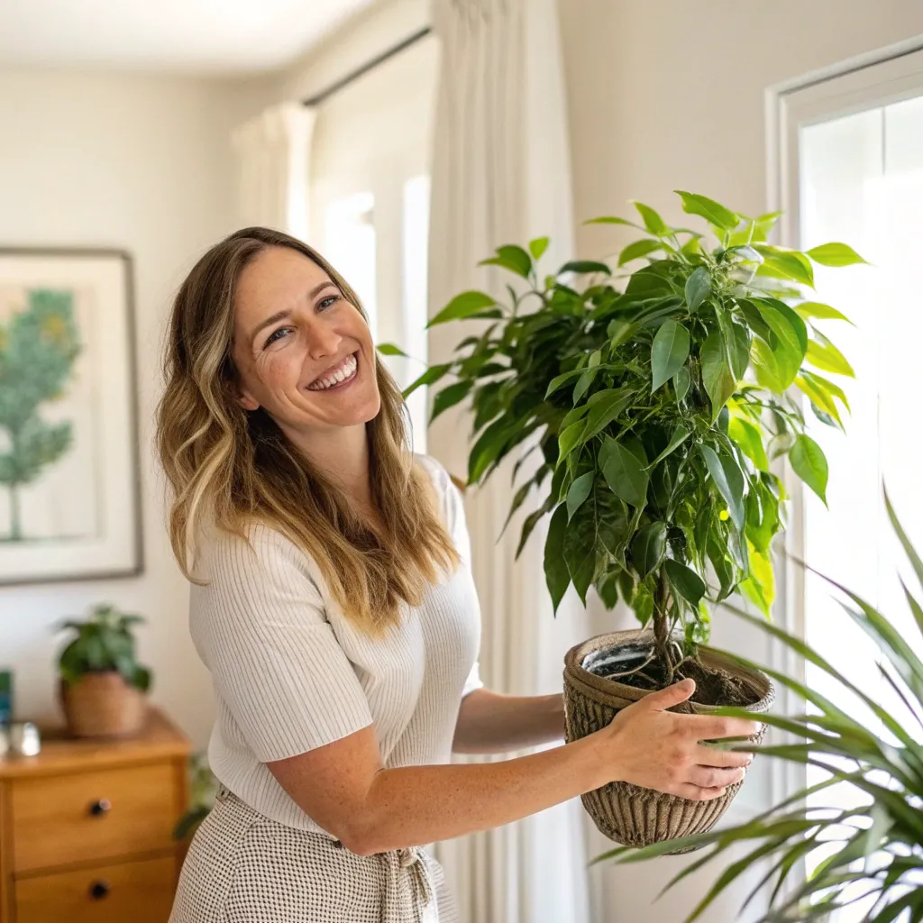 Emily smiling holding a plant