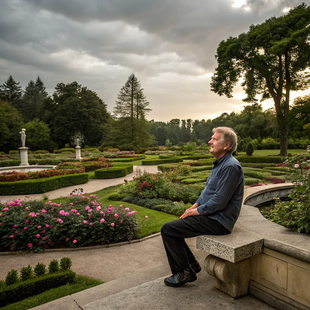 John sitting in a beautifully designed garden