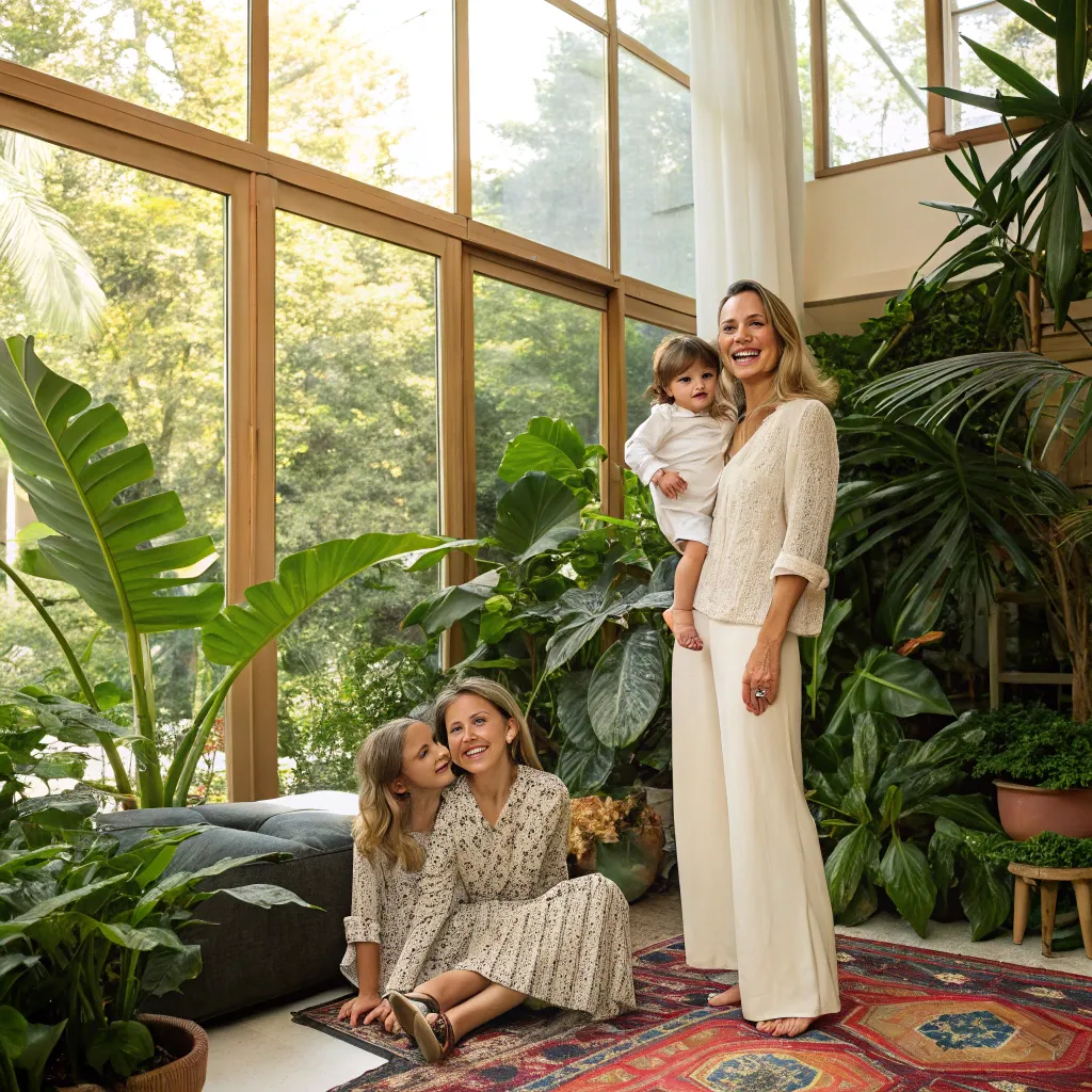 Sophia with her family in a room full of plants
